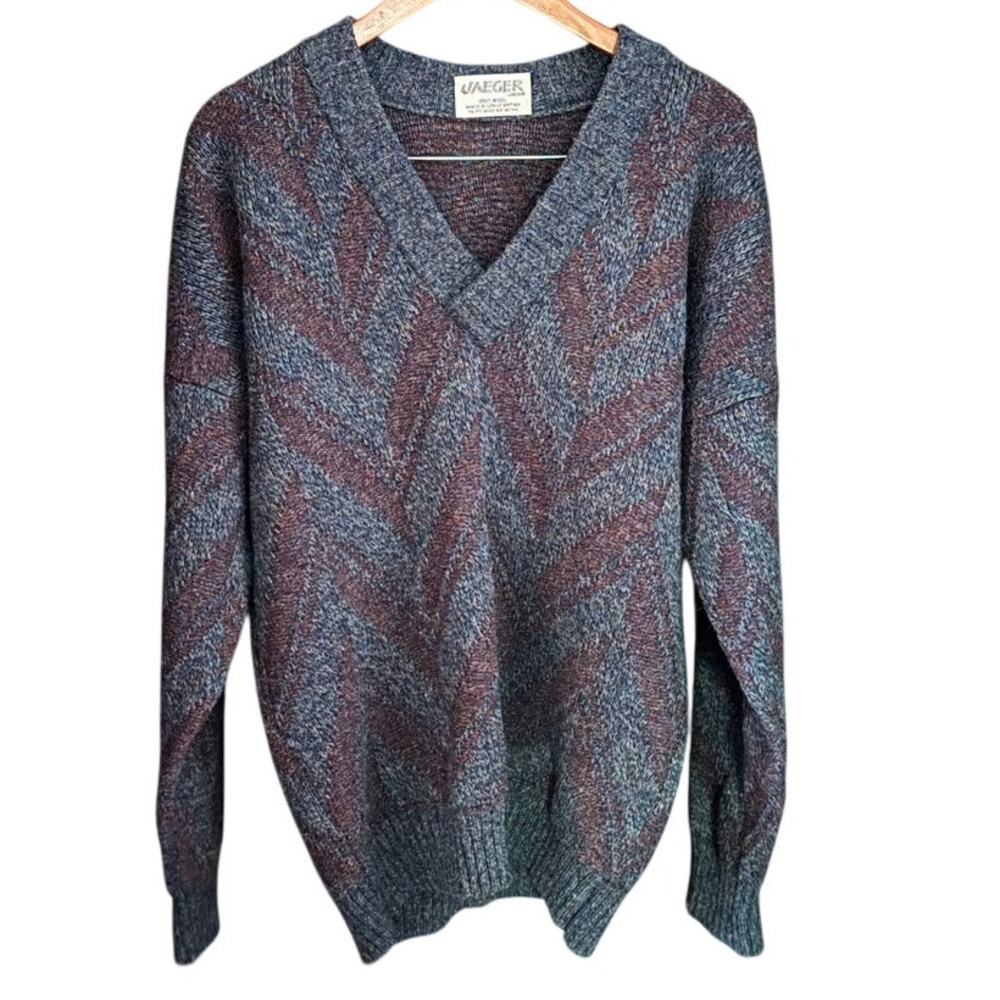 Jaeger London Vintage Mens Sweaters Multicolor Wool V-Neck Knit Pullover Size 42